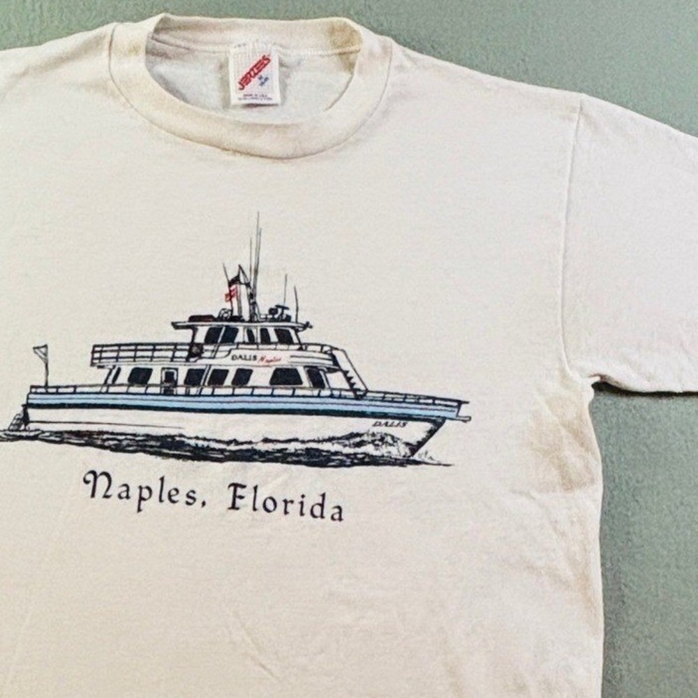 VTG 90s Jerzees Naples Florida Boat T-Shirt Mens M White Single Stitch USA Beach